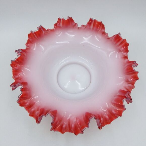 Victorian Brides Basket Bowl Cranberry Pink White Milk Glass Ruffled Rim 11 Inch - Picture 5 of 10